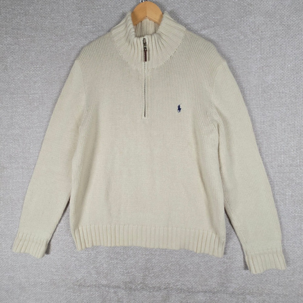 Polo Ralph Lauren Mens Cream Heavy Knit 100% Cotton Quarter Zip Sweater Large
